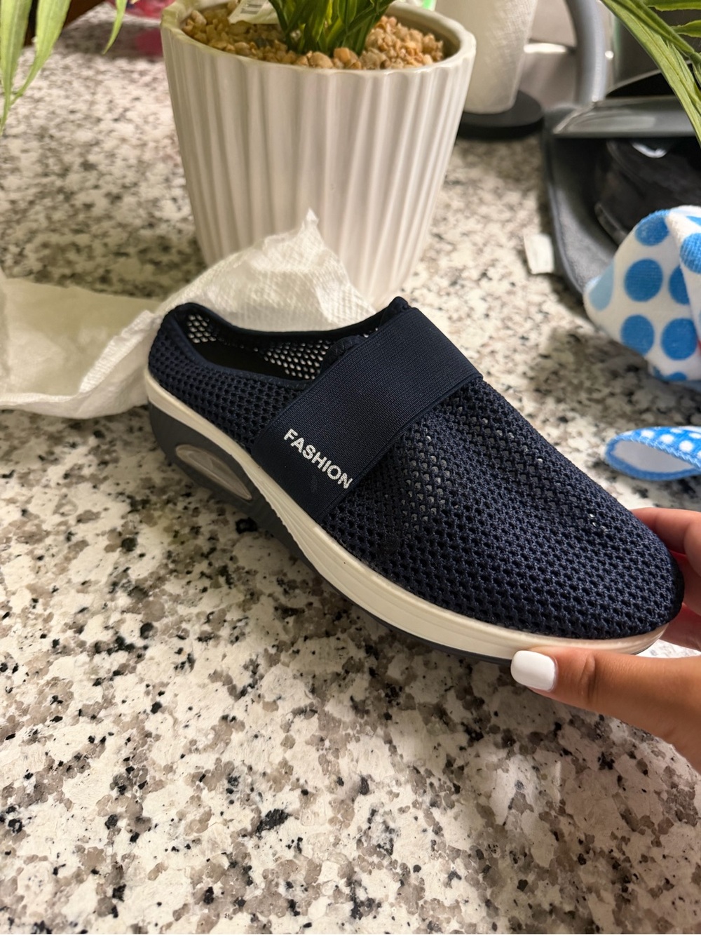 Ladies Navy Mesh Slip-On Shoe with Elastic 'FASHION' Strap